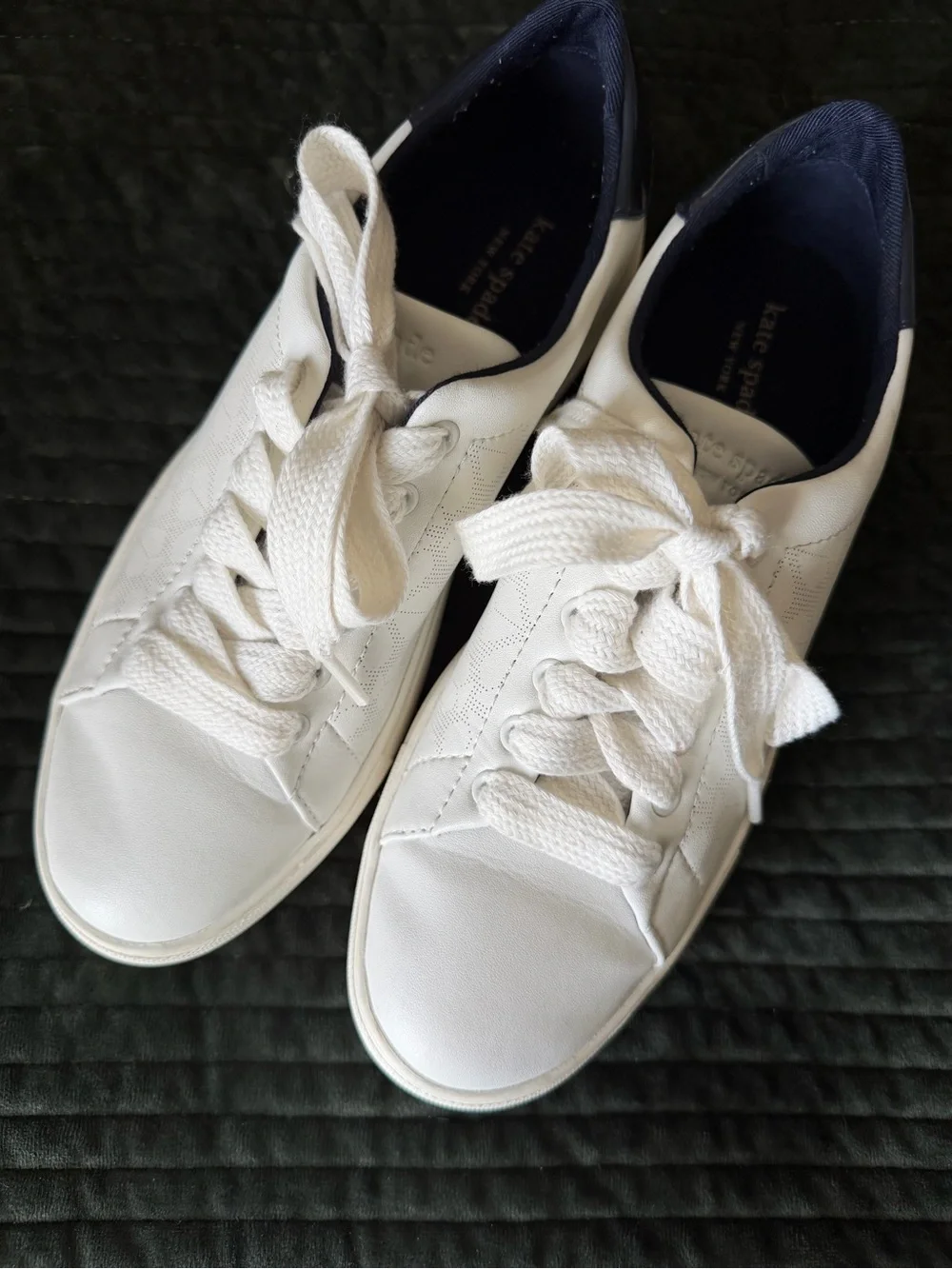 Kate Spade-White Casual Lace-Up Sneakers with Navy Heel Accent-Designer-Classic